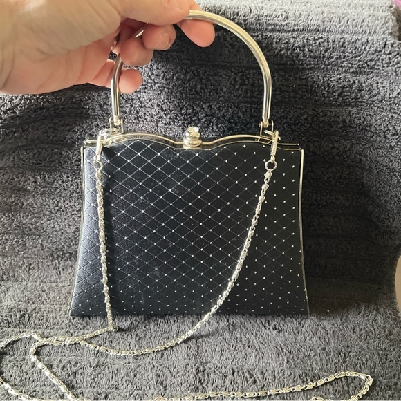 Handbags - BLACK DAZZLE HARD SHELL EVENING BAG CLUTCH HANDLE WITH SHOULDER CHAIN